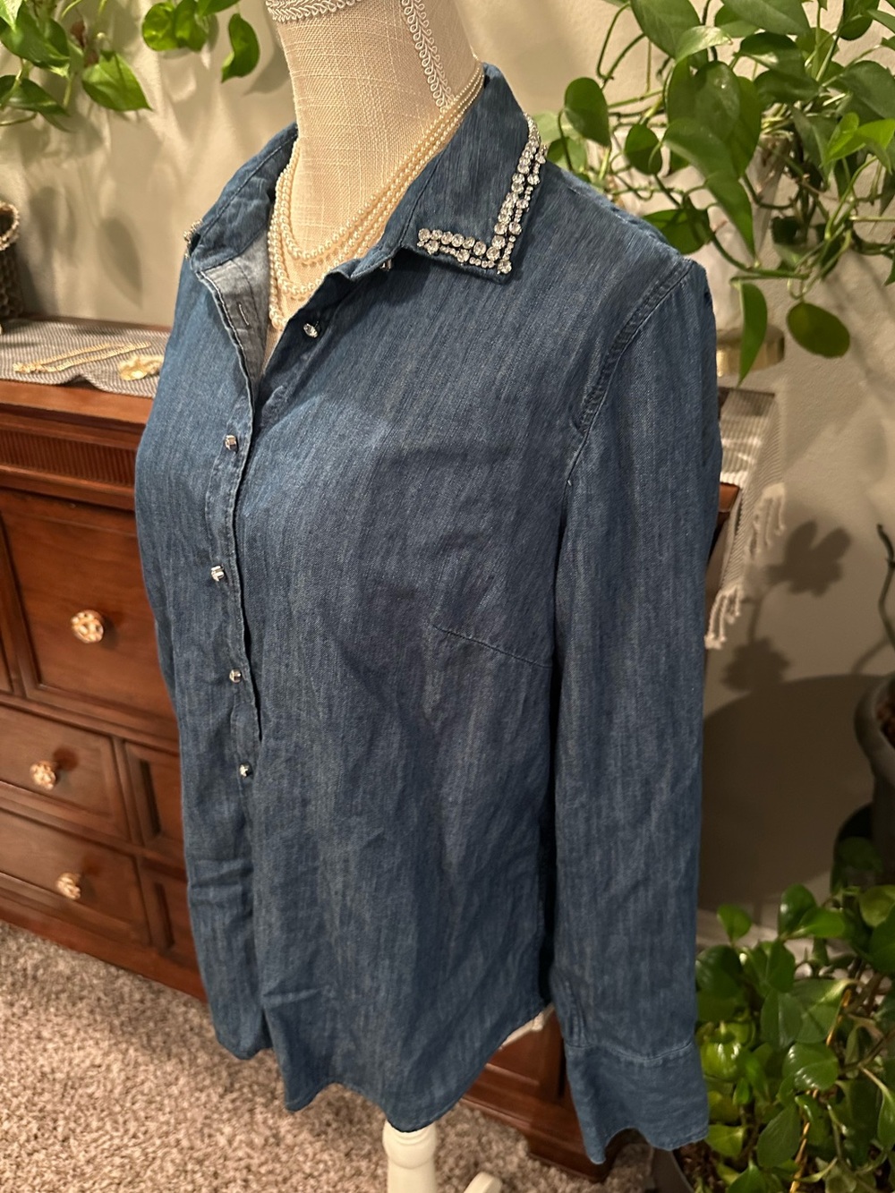 Talbots Denim Button-Down Shirt with Beaded Collar - Blue - Picture 2 of 12